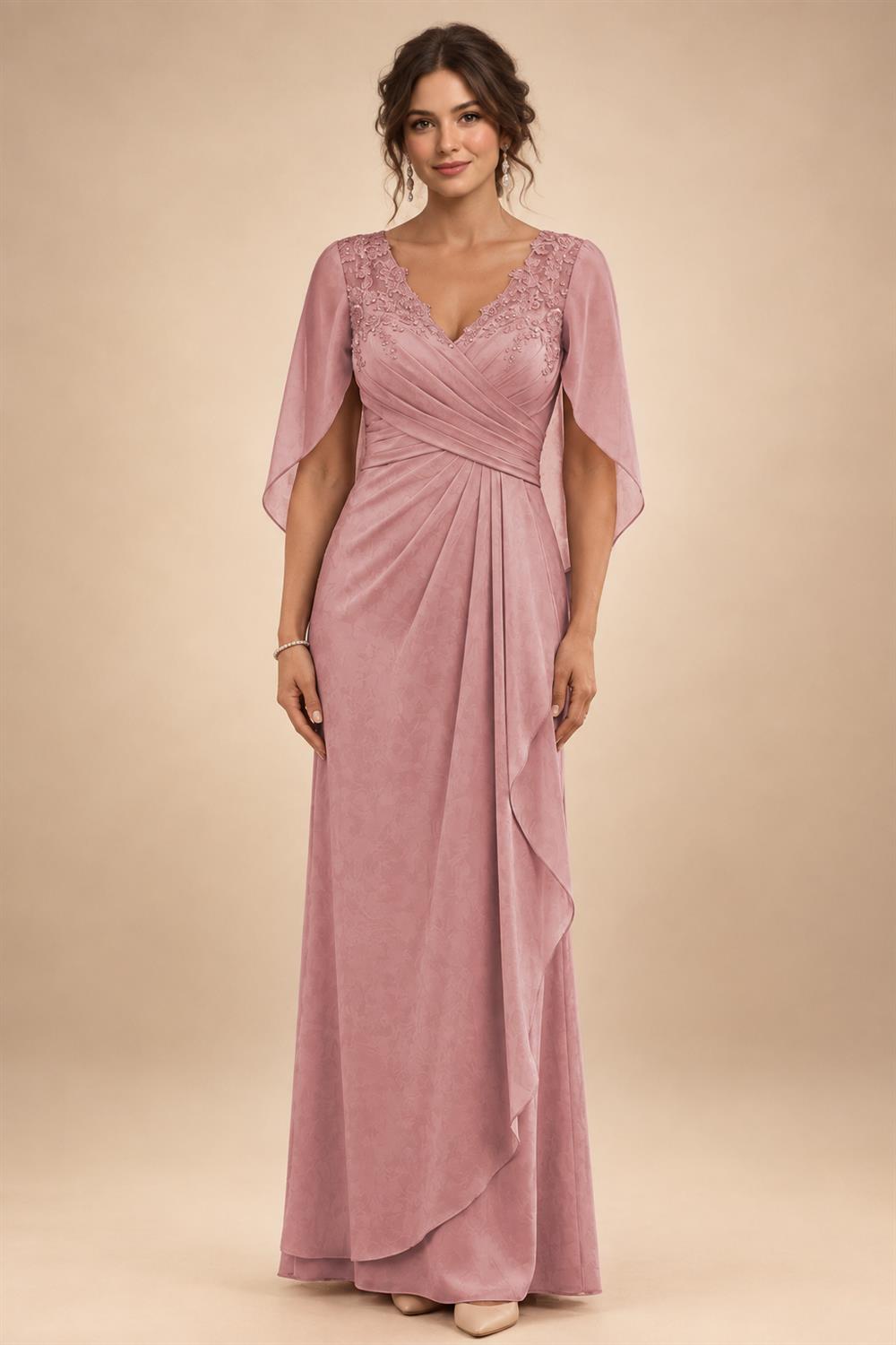 A-Line Chiffon Cape Sleeves Floor-Length Mother of the Bride & Groom Dresses with Ruched Waist (SHI22500705)