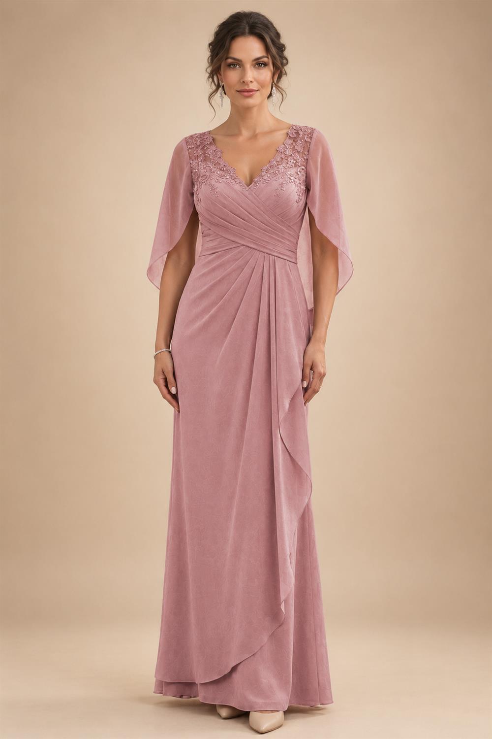 A-Line Chiffon Cape Sleeves Floor-Length Mother of the Bride & Groom Dresses with Ruched Waist (SHI22500705)