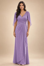 A-Line Chiffon Cape Sleeves Floor-Length Mother of the Bride & Groom Dresses with Ruched Waist (SHI22500705)