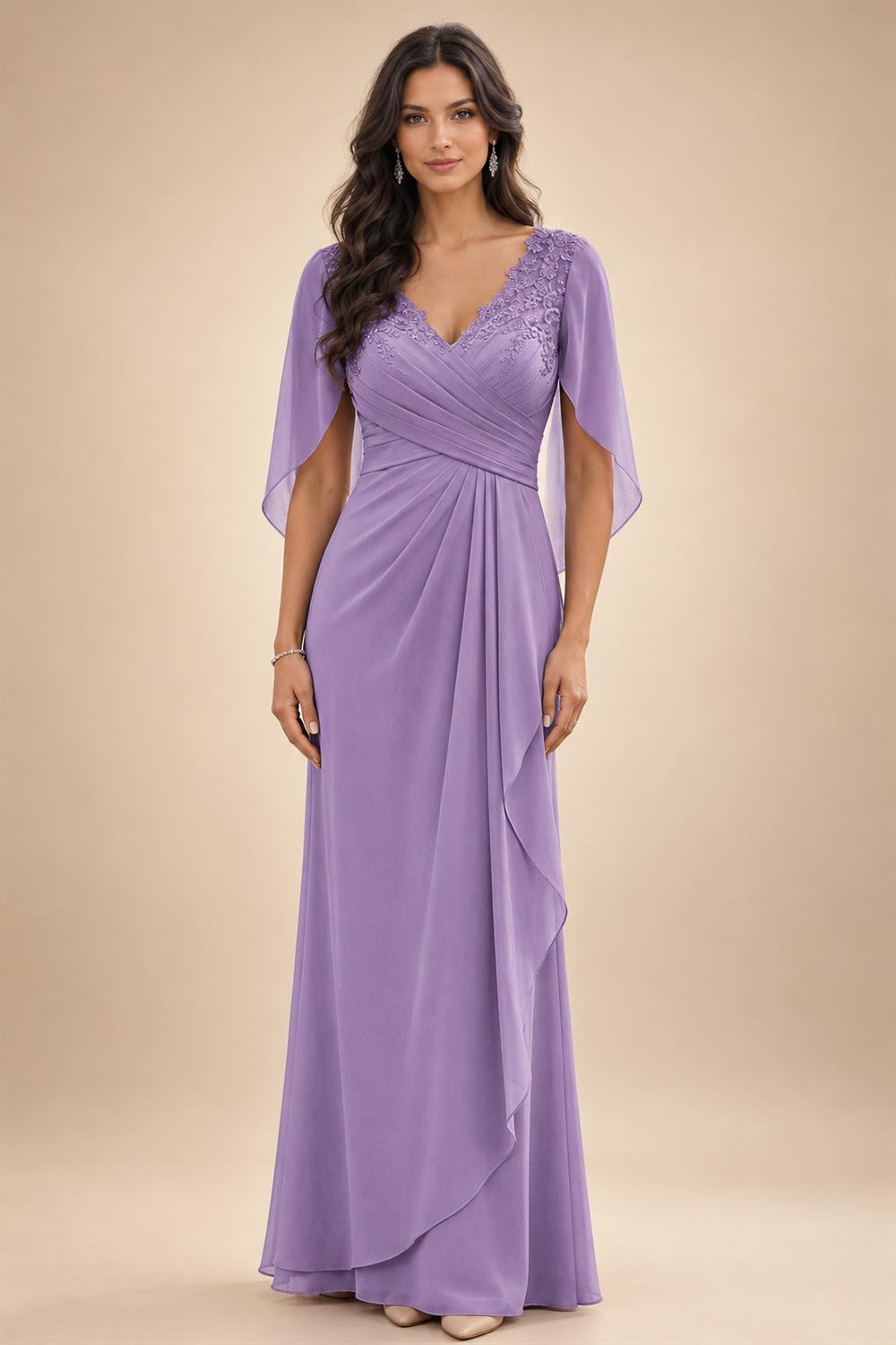 A-Line Chiffon Cape Sleeves Floor-Length Mother of the Bride & Groom Dresses with Ruched Waist (SHI22500705)