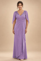 A-Line Chiffon Cape Sleeves Floor-Length Mother of the Bride & Groom Dresses with Ruched Waist (SHI22500705)