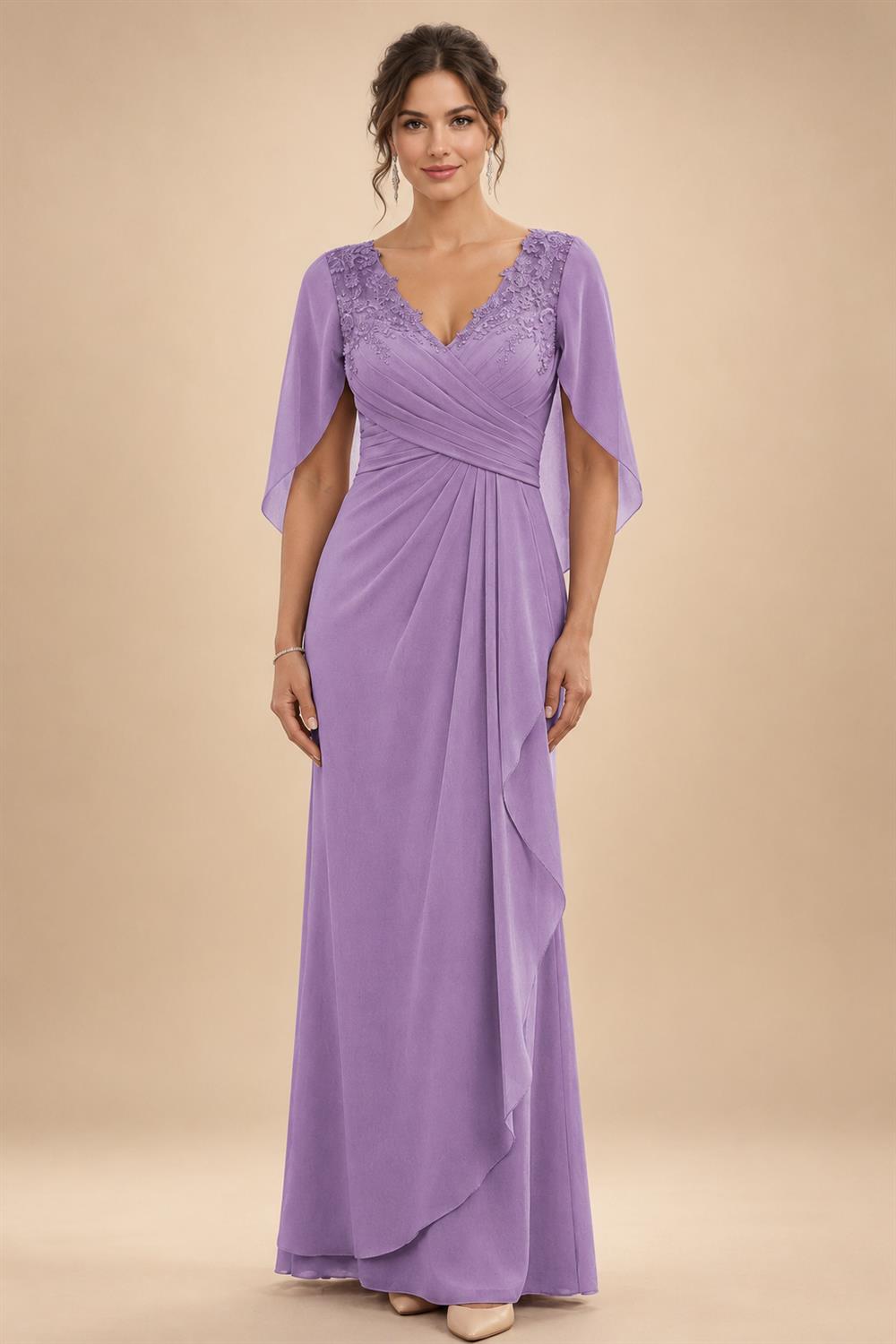A-Line Chiffon Cape Sleeves Floor-Length Mother of the Bride & Groom Dresses with Ruched Waist (SHI22500705)