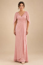 A-Line Chiffon Cape Sleeves Floor-Length Mother of the Bride & Groom Dresses with Ruched Waist (SHI22500705)