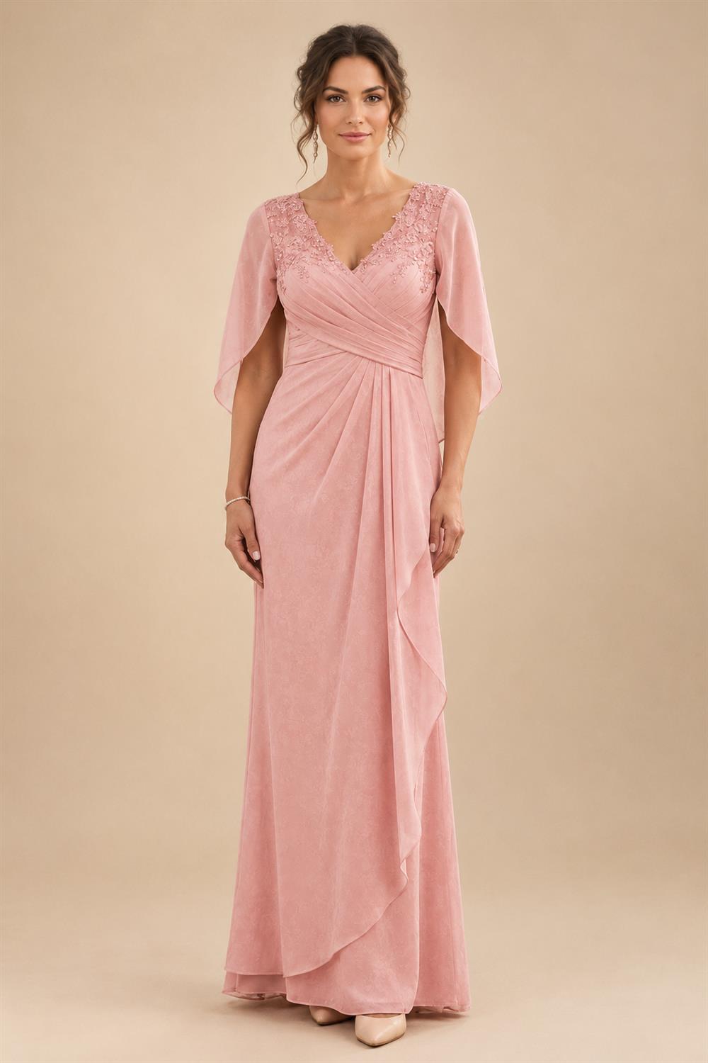 A-Line Chiffon Cape Sleeves Floor-Length Mother of the Bride & Groom Dresses with Ruched Waist (SHI22500705)