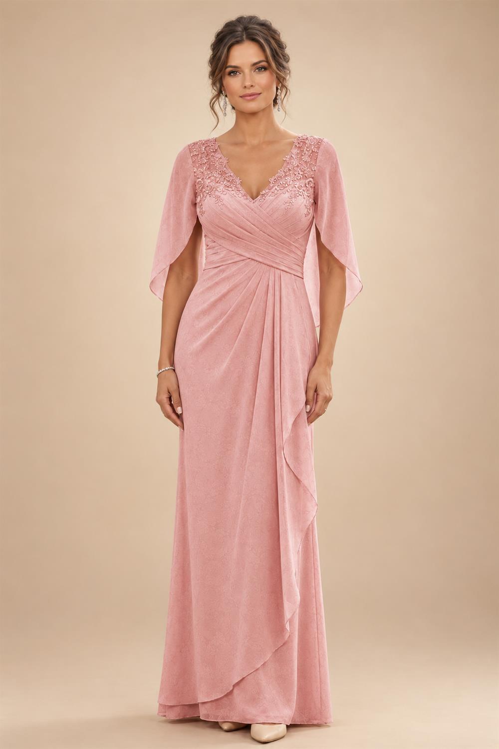 A-Line Chiffon Cape Sleeves Floor-Length Mother of the Bride & Groom Dresses with Ruched Waist (SHI22500705)