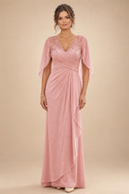 A-Line Chiffon Cape Sleeves Floor-Length Mother of the Bride & Groom Dresses with Ruched Waist (SHI22500705)