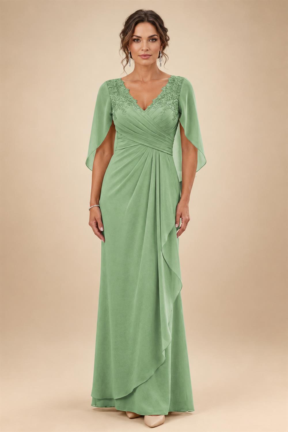 A-Line Chiffon Cape Sleeves Floor-Length Mother of the Bride & Groom Dresses with Ruched Waist (SHI22500705)