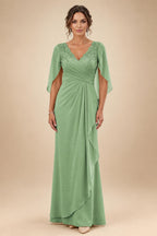 A-Line Chiffon Cape Sleeves Floor-Length Mother of the Bride & Groom Dresses with Ruched Waist (SHI22500705)