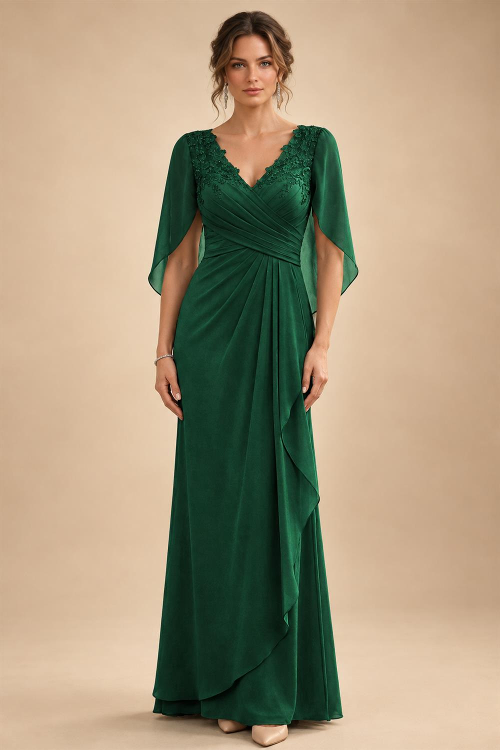 A-Line Chiffon Cape Sleeves Floor-Length Mother of the Bride & Groom Dresses with Ruched Waist (SHI22500705)