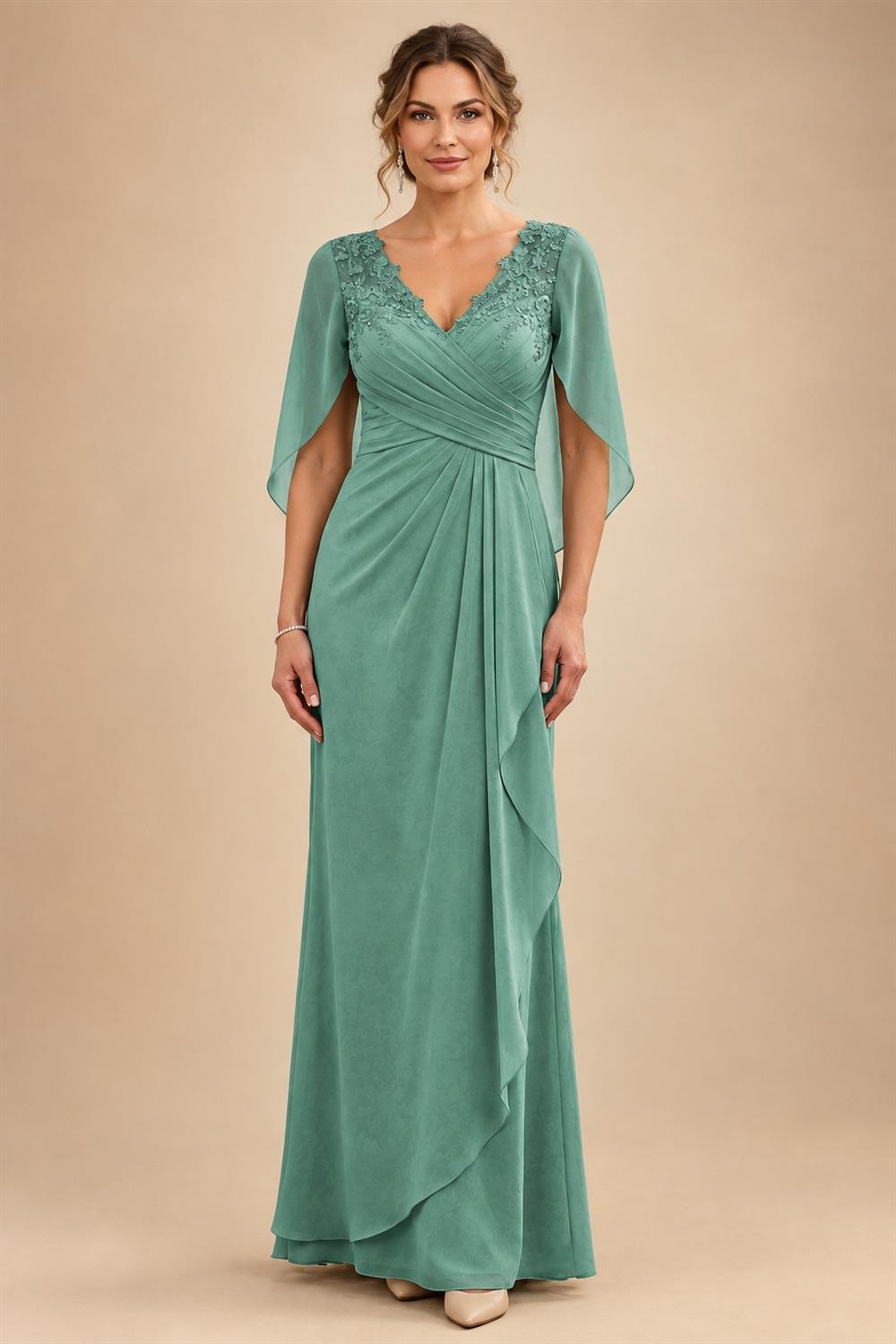 A-Line Chiffon Cape Sleeves Floor-Length Mother of the Bride & Groom Dresses with Ruched Waist (SHI22500705)