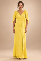 A-Line Chiffon Cape Sleeves Floor-Length Mother of the Bride & Groom Dresses with Ruched Waist (SHI22500705)