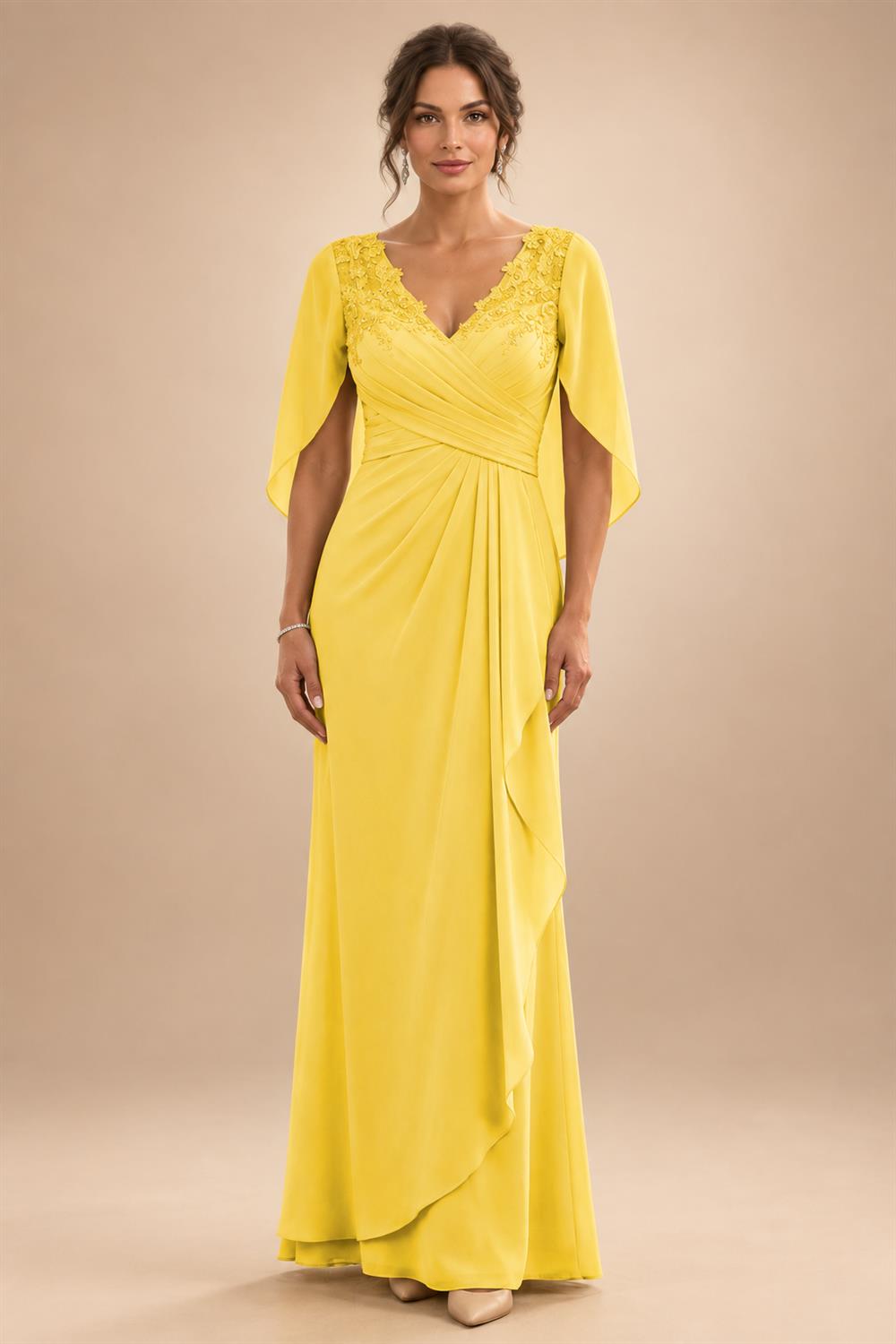 A-Line Chiffon Cape Sleeves Floor-Length Mother of the Bride & Groom Dresses with Ruched Waist (SHI22500705)