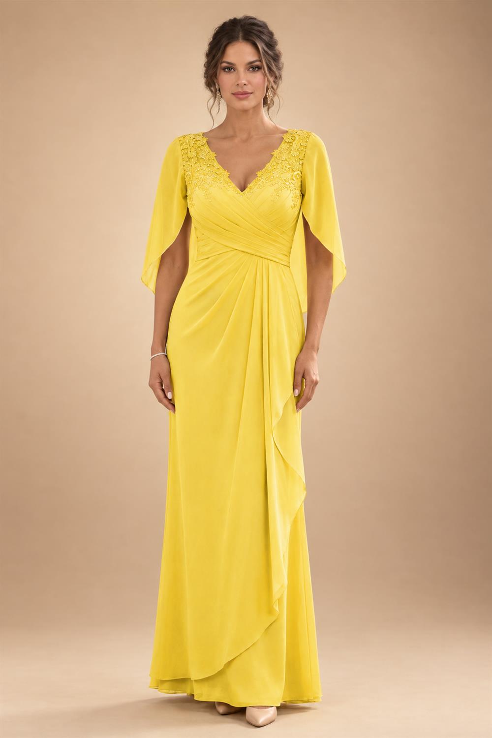 A-Line Chiffon Cape Sleeves Floor-Length Mother of the Bride & Groom Dresses with Ruched Waist (SHI22500705)