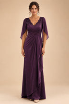 A-Line Chiffon Cape Sleeves Floor-Length Mother of the Bride & Groom Dresses with Ruched Waist (SHI22500705)