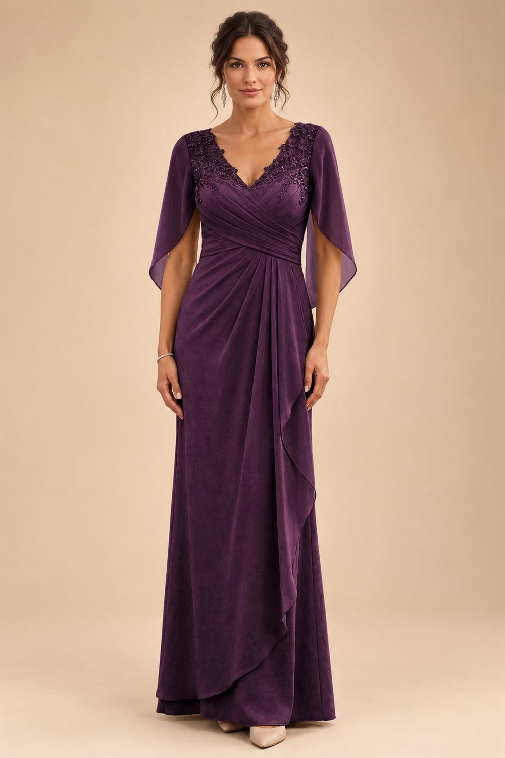 A-Line Chiffon Cape Sleeves Floor-Length Mother of the Bride & Groom Dresses with Ruched Waist (SHI22500705)