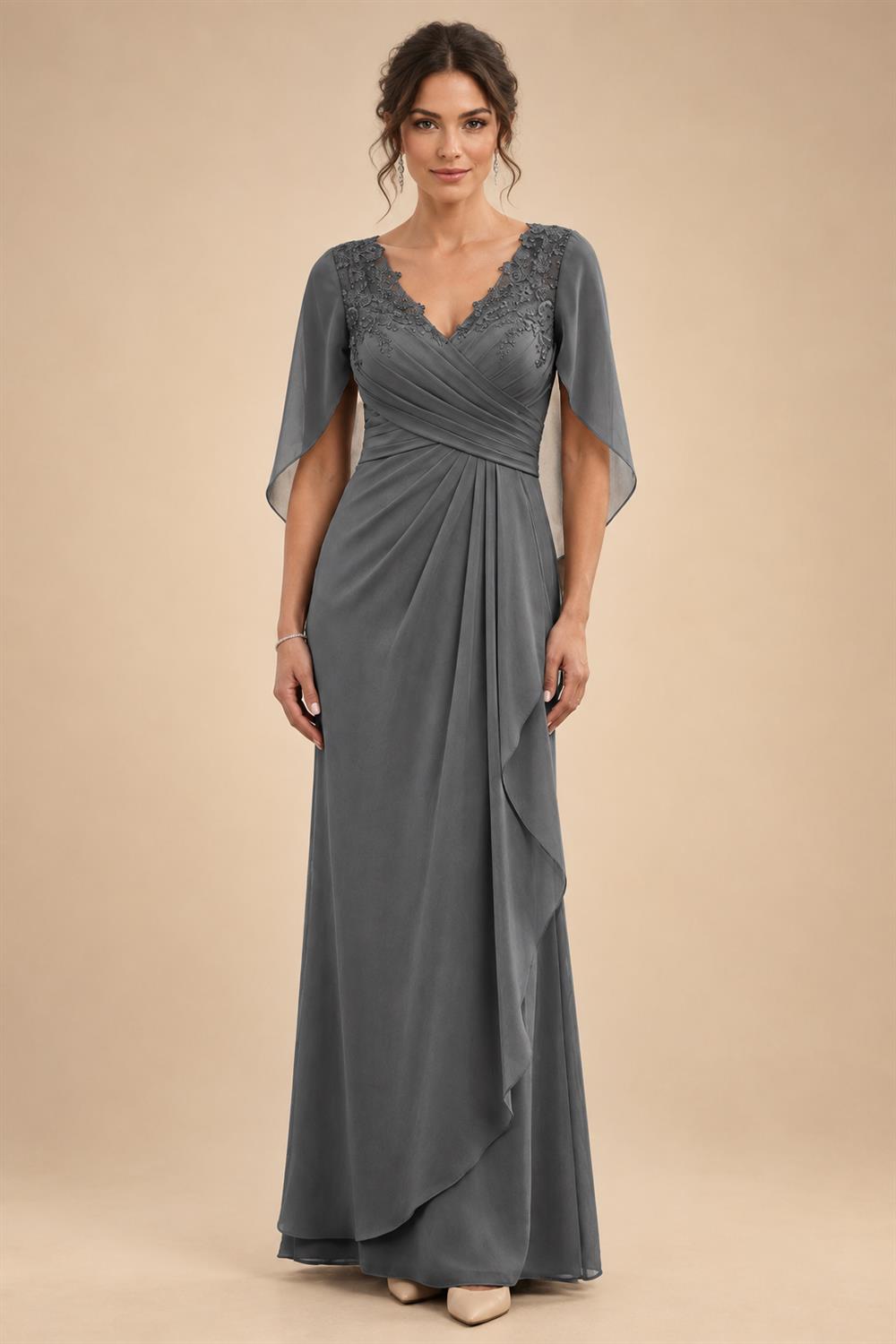 A-Line Chiffon Cape Sleeves Floor-Length Mother of the Bride & Groom Dresses with Ruched Waist (SHI22500705)