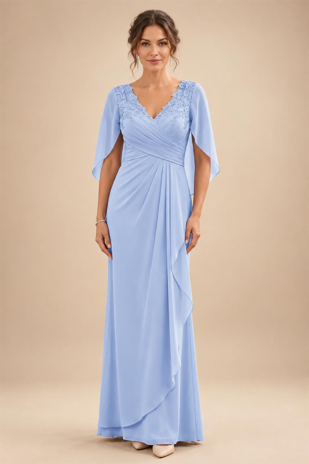 A-Line Chiffon Cape Sleeves Floor-Length Mother of the Bride & Groom Dresses with Ruched Waist (SHI22500705)