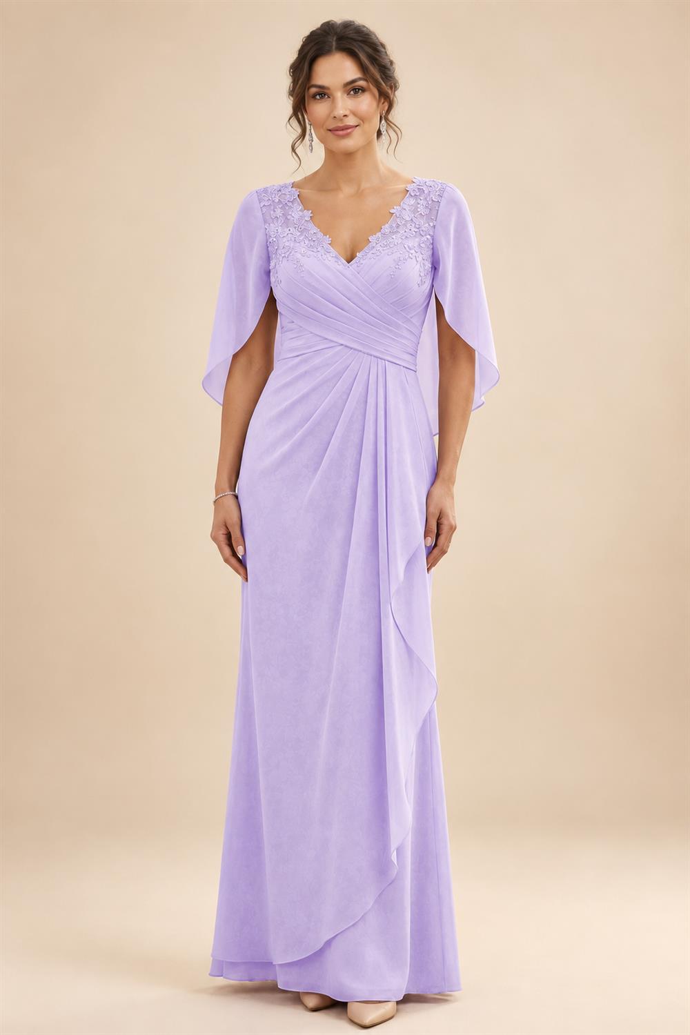 A-Line Chiffon Cape Sleeves Floor-Length Mother of the Bride & Groom Dresses with Ruched Waist (SHI22500705)