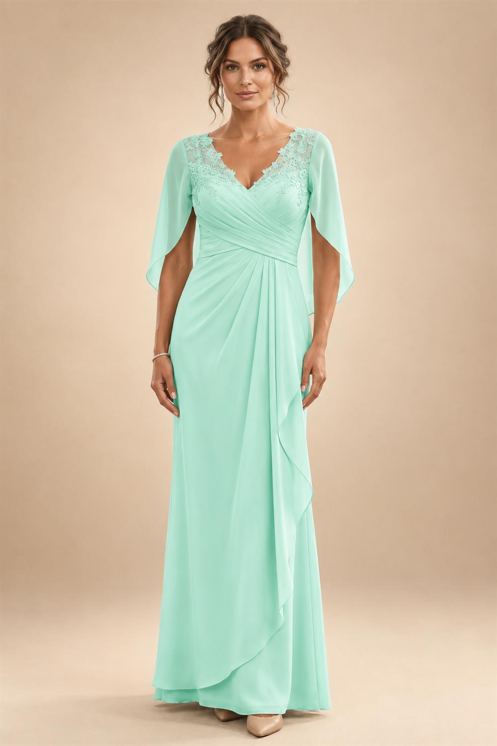 A-Line Chiffon Cape Sleeves Floor-Length Mother of the Bride & Groom Dresses with Ruched Waist (SHI22500705)
