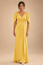 A-Line Chiffon Cape Sleeves Floor-Length Mother of the Bride & Groom Dresses with Ruched Waist (SHI22500705)