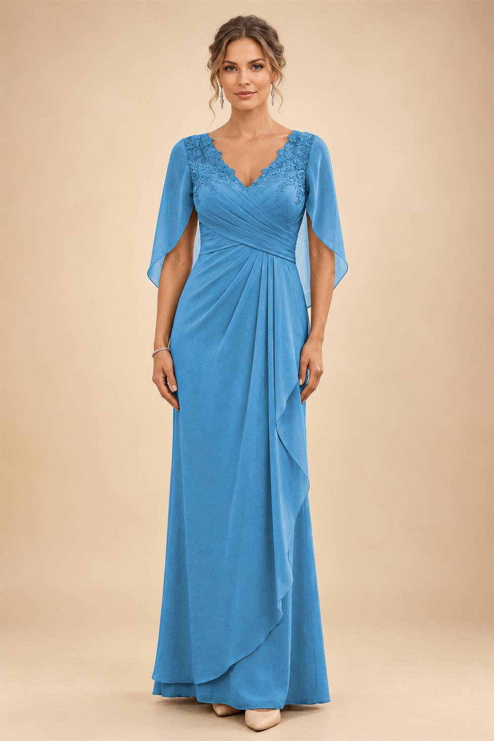 A-Line Chiffon Cape Sleeves Floor-Length Mother of the Bride & Groom Dresses with Ruched Waist (SHI22500705)