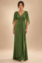 A-Line Chiffon Cape Sleeves Floor-Length Mother of the Bride & Groom Dresses with Ruched Waist (SHI22500705)