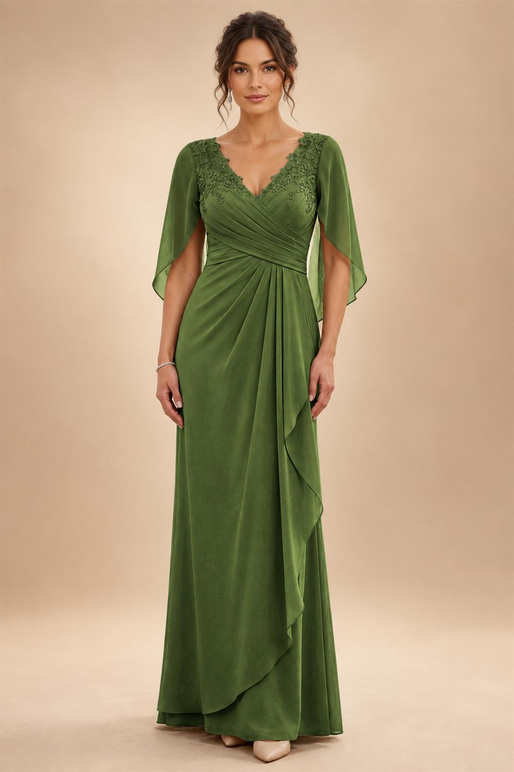 A-Line Chiffon Cape Sleeves Floor-Length Mother of the Bride & Groom Dresses with Ruched Waist (SHI22500705)