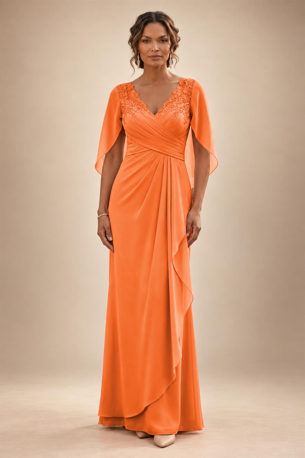 A-Line Chiffon Cape Sleeves Floor-Length Mother of the Bride & Groom Dresses with Ruched Waist (SHI22500705)