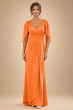 A-Line Chiffon Cape Sleeves Floor-Length Mother of the Bride & Groom Dresses with Ruched Waist (SHI22500705)