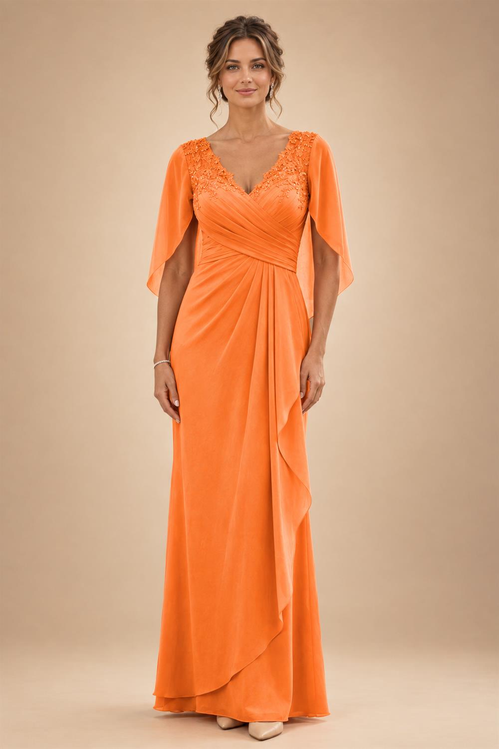 A-Line Chiffon Cape Sleeves Floor-Length Mother of the Bride & Groom Dresses with Ruched Waist (SHI22500705)