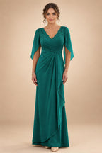 A-Line Chiffon Cape Sleeves Floor-Length Mother of the Bride & Groom Dresses with Ruched Waist (SHI22500705)