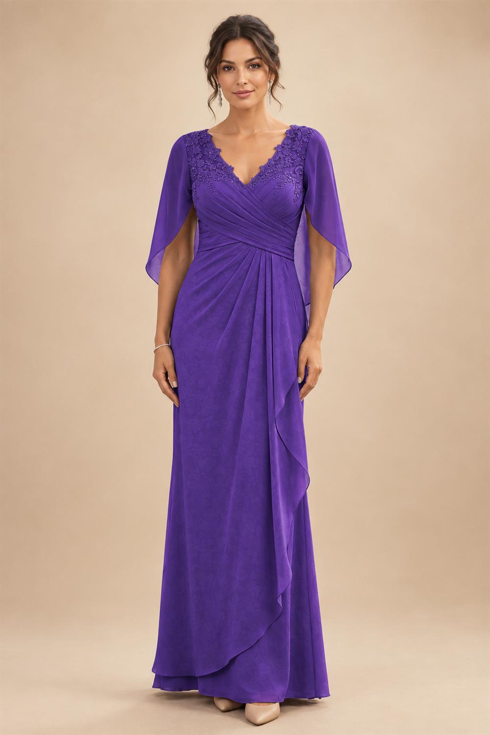 A-Line Chiffon Cape Sleeves Floor-Length Mother of the Bride & Groom Dresses with Ruched Waist (SHI22500705)