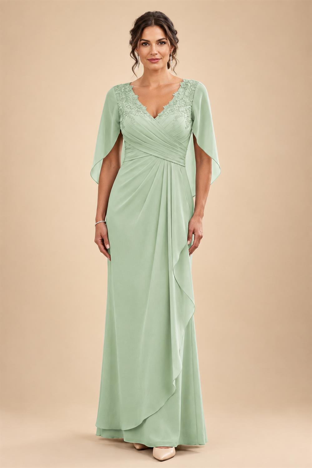 A-Line Chiffon Cape Sleeves Floor-Length Mother of the Bride & Groom Dresses with Ruched Waist (SHI22500705)