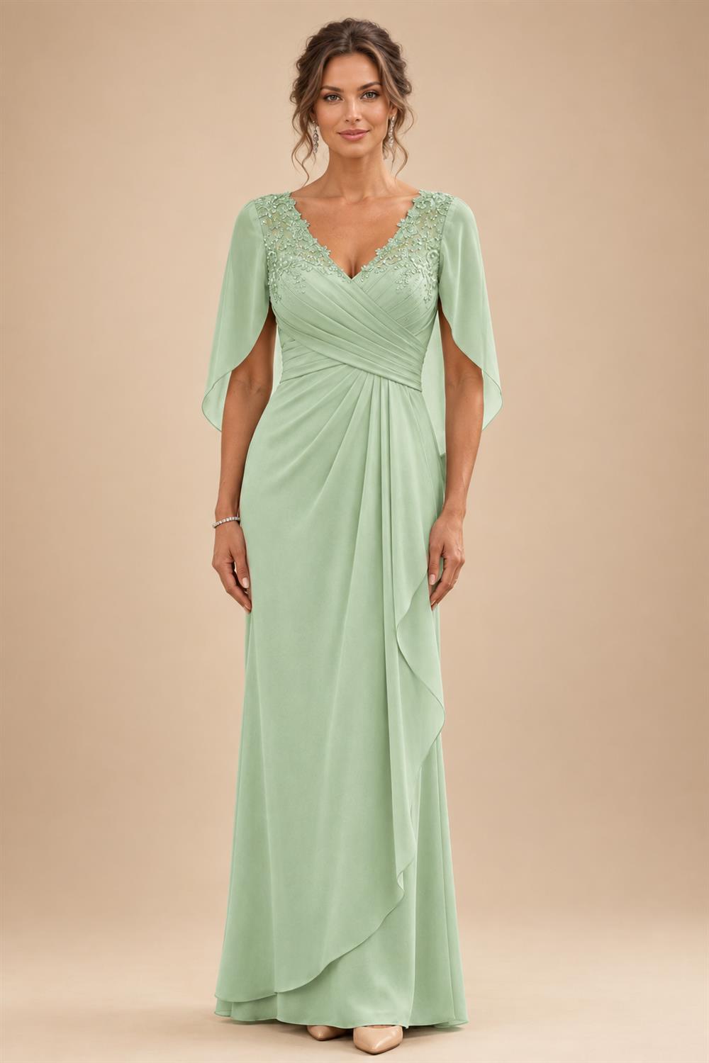 A-Line Chiffon Cape Sleeves Floor-Length Mother of the Bride & Groom Dresses with Ruched Waist (SHI22500705)