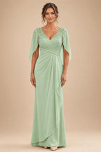 A-Line Chiffon Cape Sleeves Floor-Length Mother of the Bride & Groom Dresses with Ruched Waist (SHI22500705)