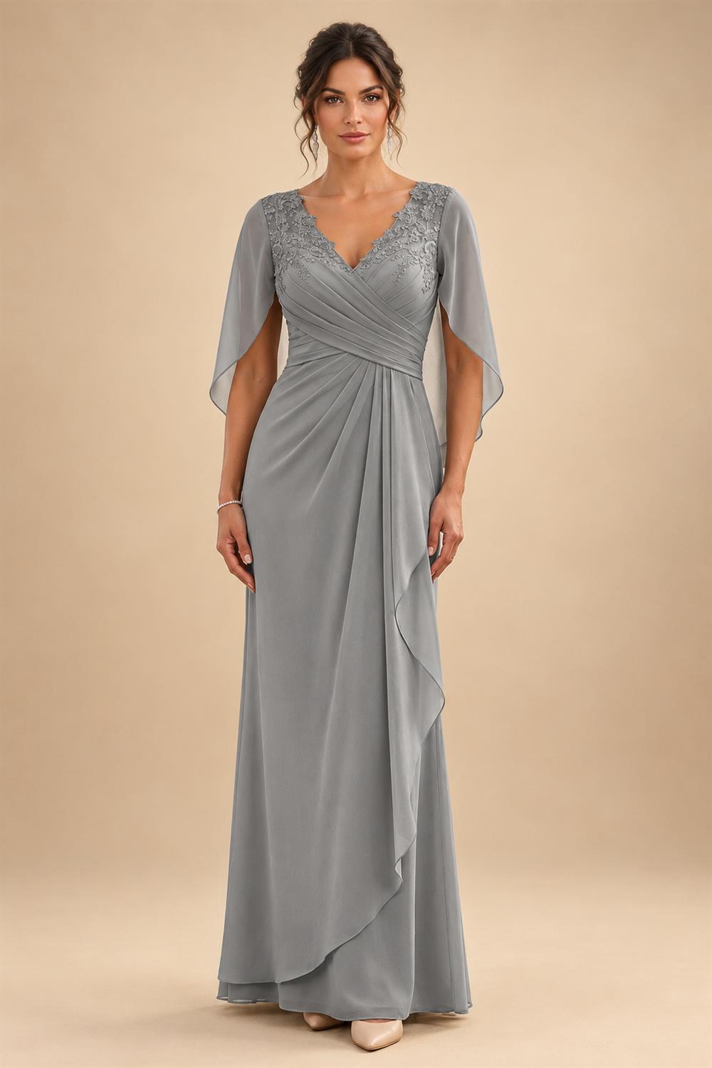 A-Line Chiffon Cape Sleeves Floor-Length Mother of the Bride & Groom Dresses with Ruched Waist (SHI22500705)