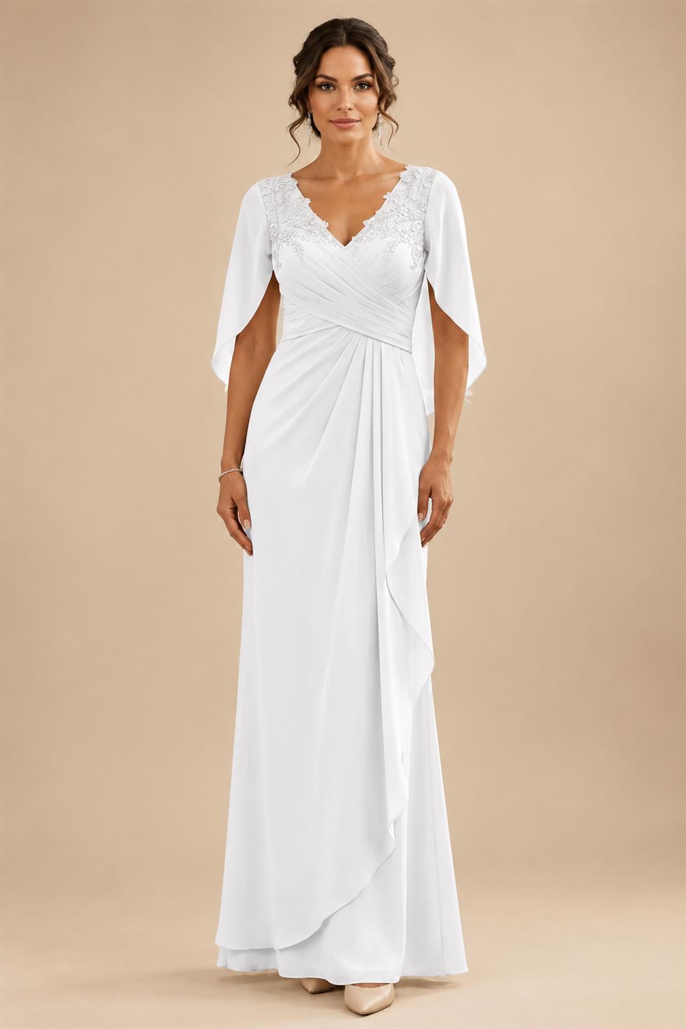 A-Line Chiffon Cape Sleeves Floor-Length Mother of the Bride & Groom Dresses with Ruched Waist (SHI22500705)