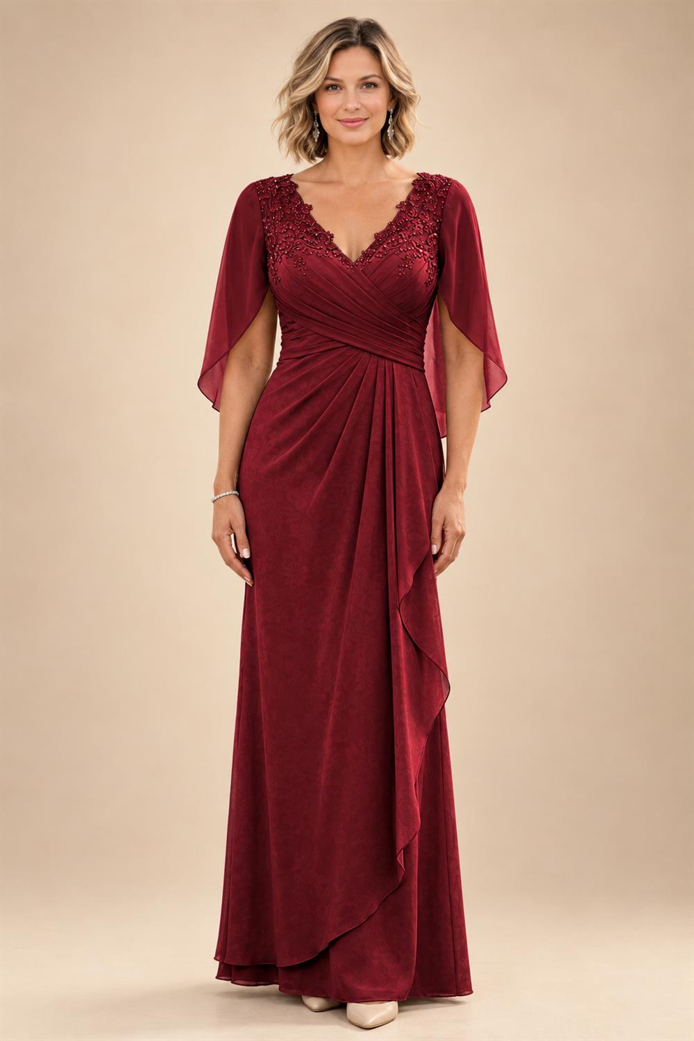 A-Line Chiffon Cape Sleeves Floor-Length Mother of the Bride & Groom Dresses with Ruched Waist (SHI22500705)