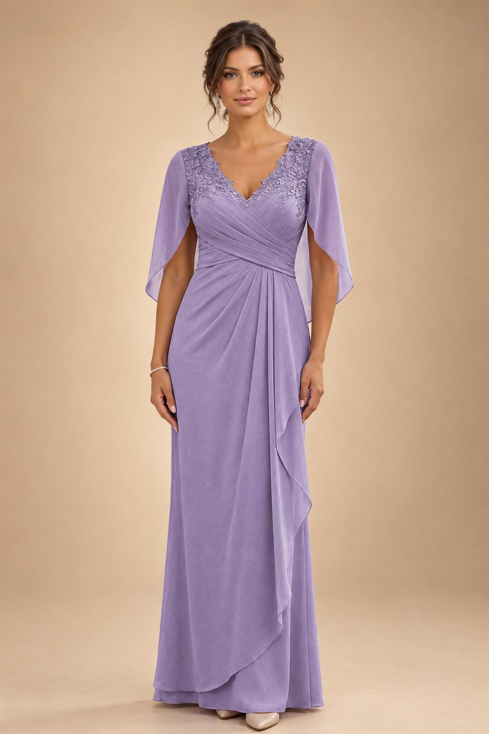A-Line Chiffon Cape Sleeves Floor-Length Mother of the Bride & Groom Dresses with Ruched Waist (SHI22500705)