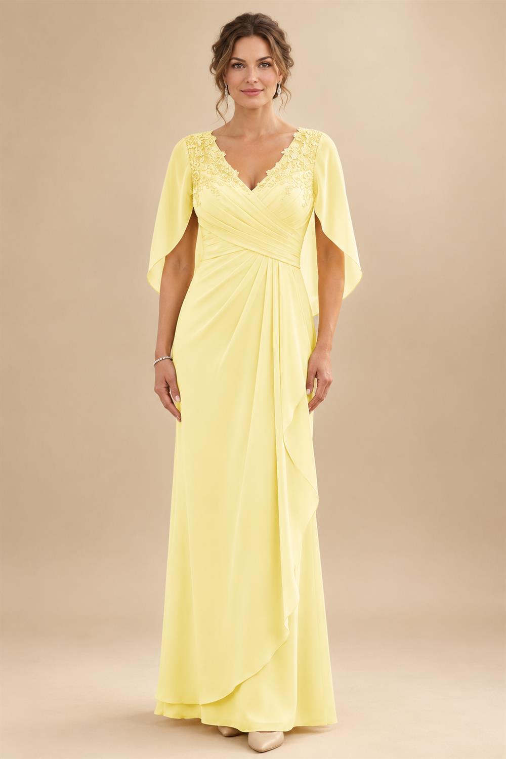A-Line Chiffon Cape Sleeves Floor-Length Mother of the Bride & Groom Dresses with Ruched Waist (SHI22500705)