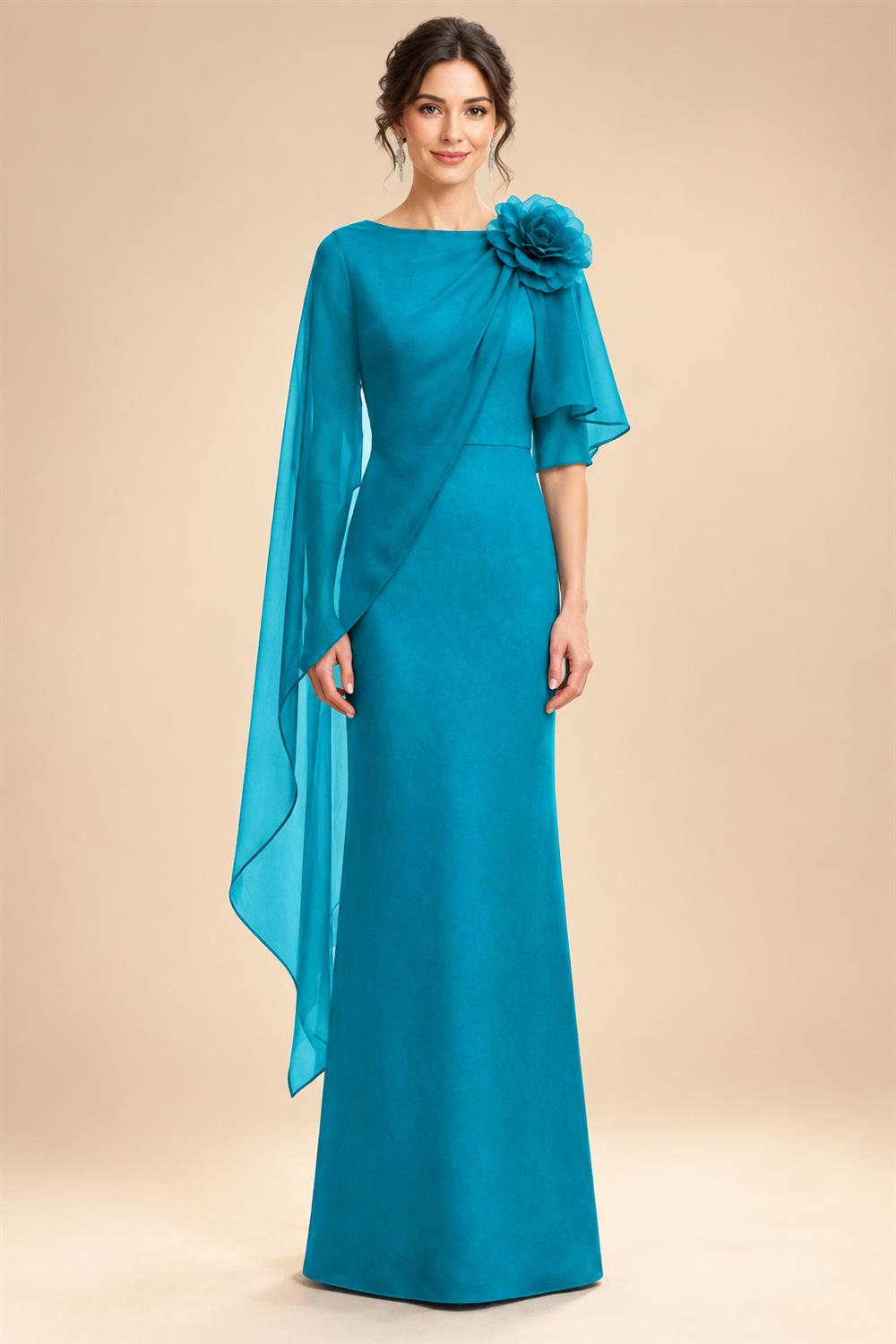 Sheath Satin 3/4 Sleeves Maxi Mother of the Bride & Groom Dresses with Chiffon Cape (SHI22500709)