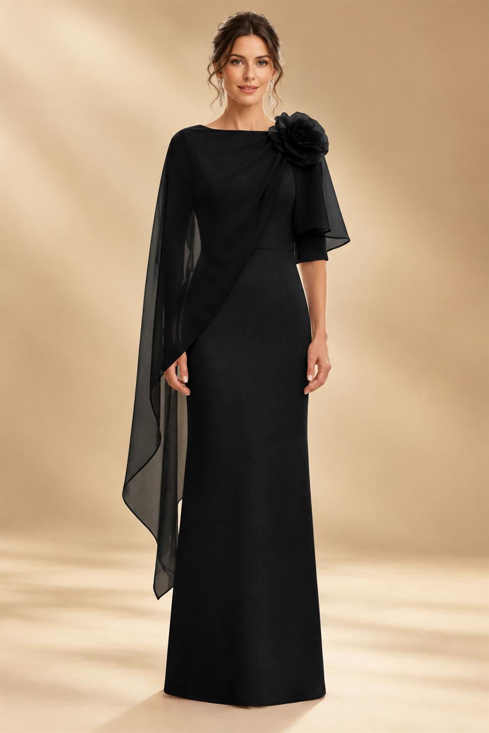 Sheath Satin 3/4 Sleeves Maxi Mother of the Bride & Groom Dresses with Chiffon Cape (SHI22500709)
