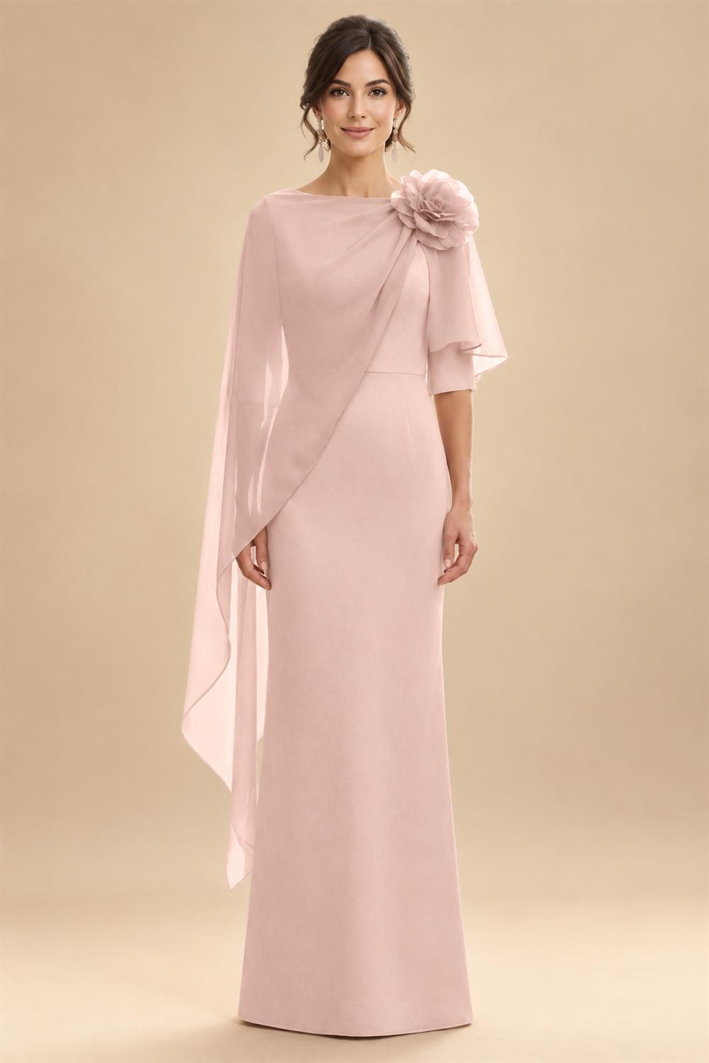 Sheath Satin 3/4 Sleeves Maxi Mother of the Bride & Groom Dresses with Chiffon Cape (SHI22500709)
