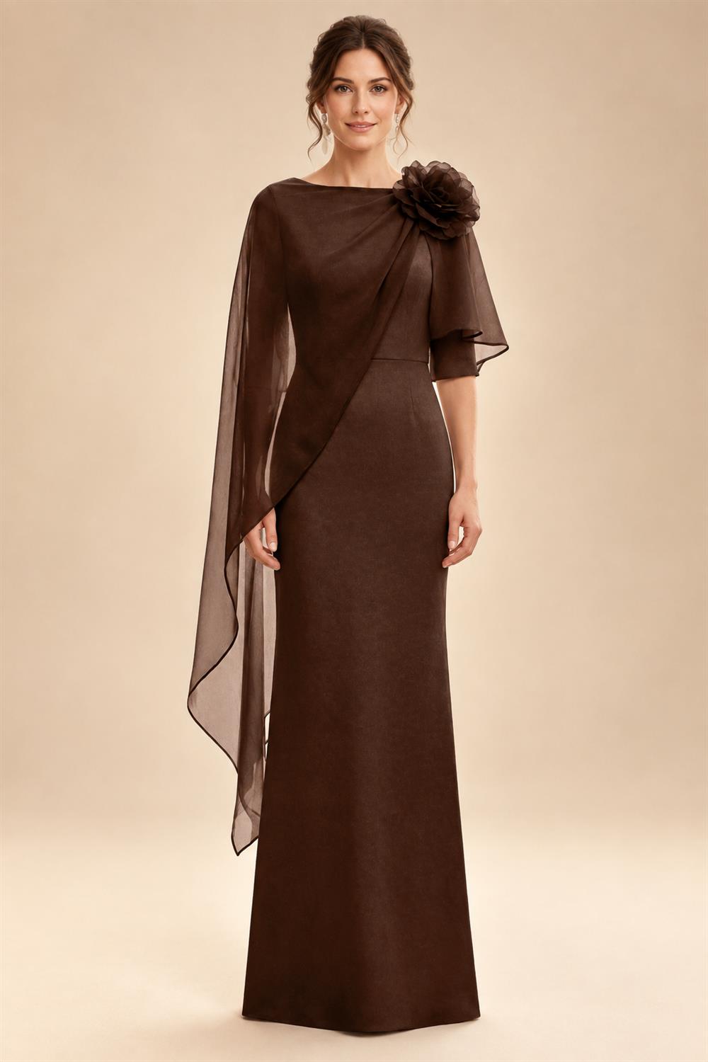 Sheath Satin 3/4 Sleeves Maxi Mother of the Bride & Groom Dresses with Chiffon Cape (SHI22500709)