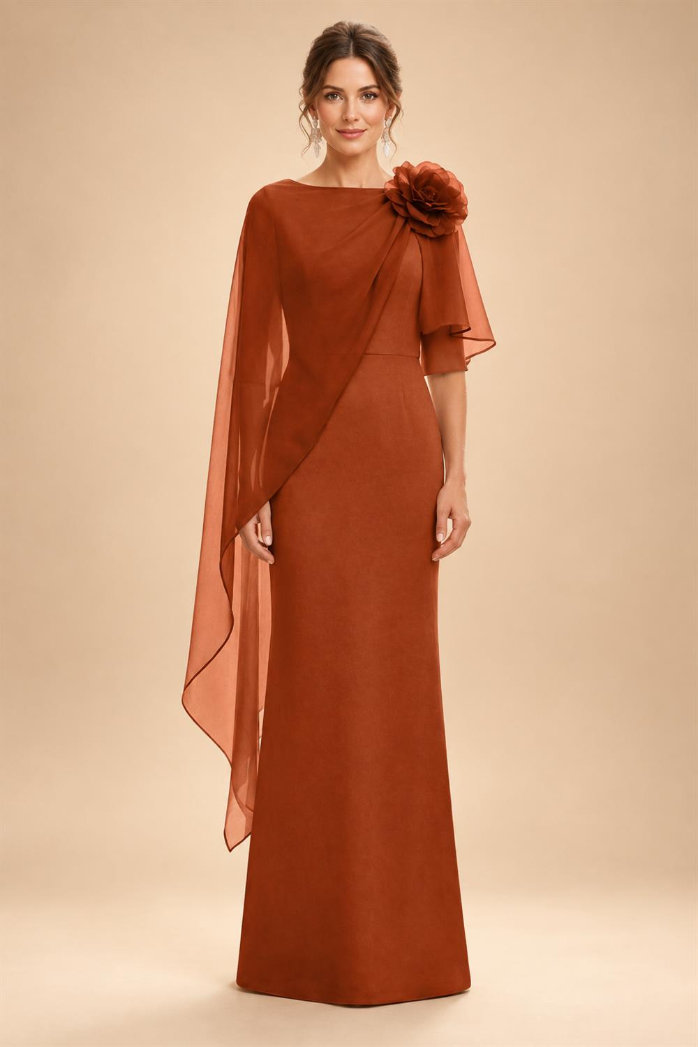 Sheath Satin 3/4 Sleeves Maxi Mother of the Bride & Groom Dresses with Chiffon Cape (SHI22500709)