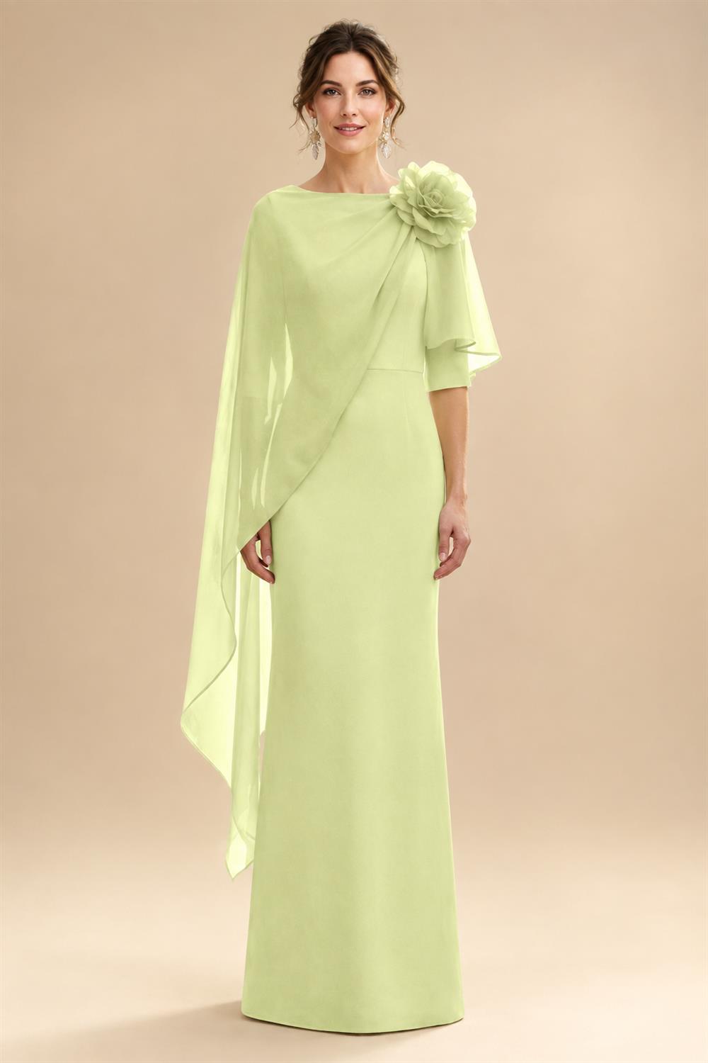 Sheath Satin 3/4 Sleeves Maxi Mother of the Bride & Groom Dresses with Chiffon Cape (SHI22500709)