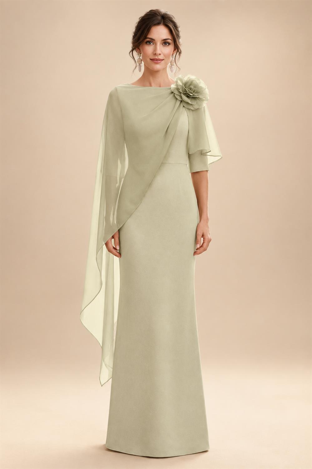 Sheath Satin 3/4 Sleeves Maxi Mother of the Bride & Groom Dresses with Chiffon Cape (SHI22500709)