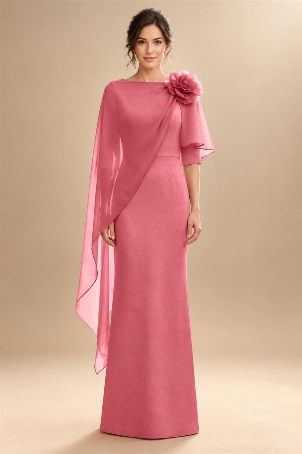 Sheath Satin 3/4 Sleeves Maxi Mother of the Bride & Groom Dresses with Chiffon Cape (SHI22500709)