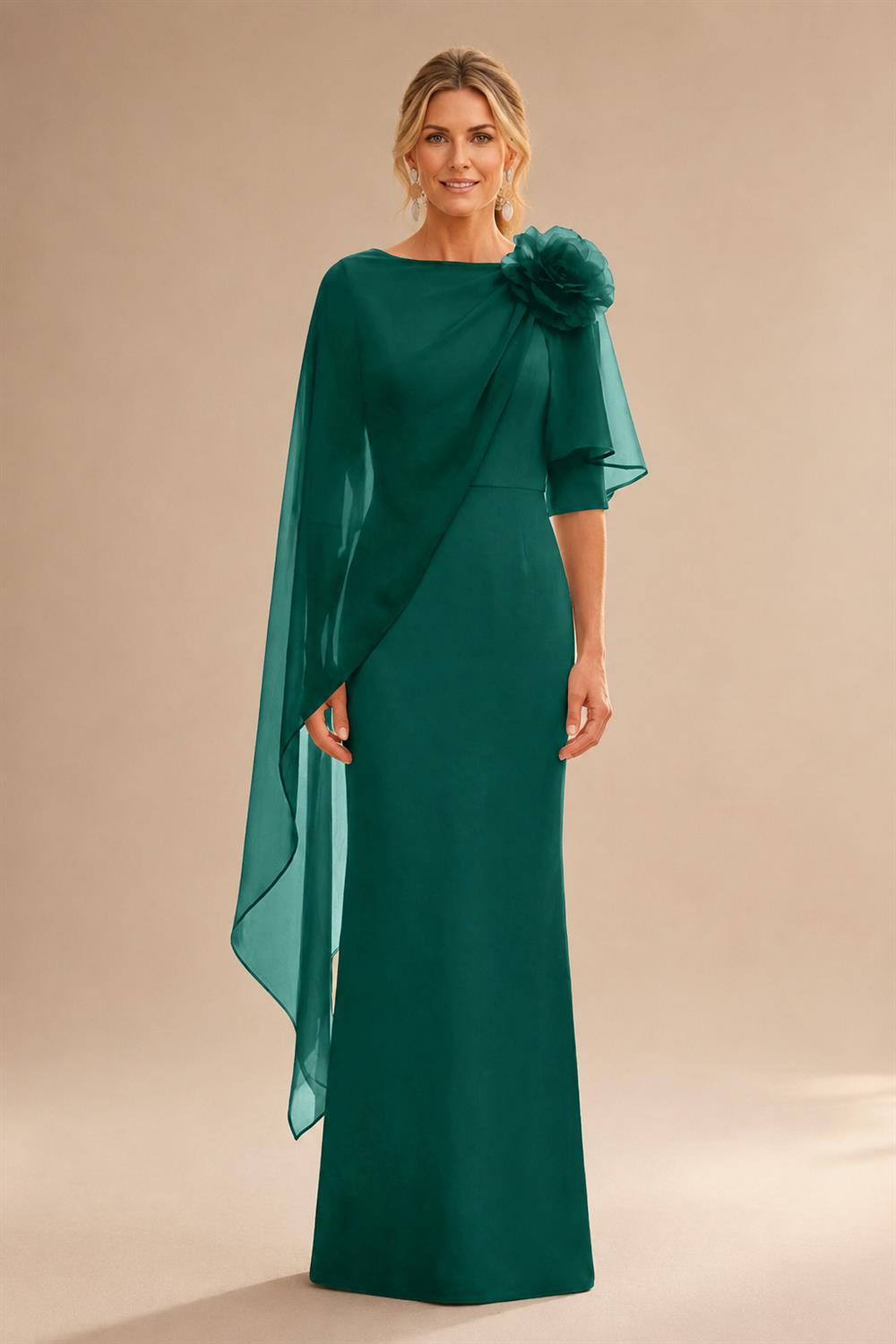 Sheath Satin 3/4 Sleeves Maxi Mother of the Bride & Groom Dresses with Chiffon Cape (SHI22500709)