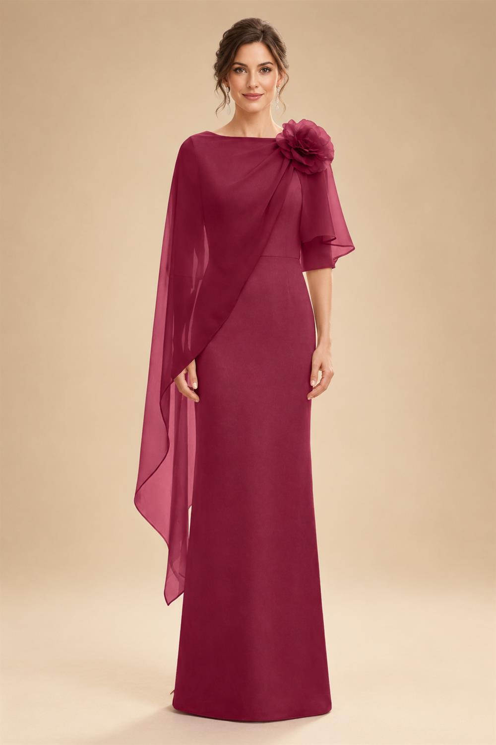 Sheath Satin 3/4 Sleeves Maxi Mother of the Bride & Groom Dresses with Chiffon Cape (SHI22500709)